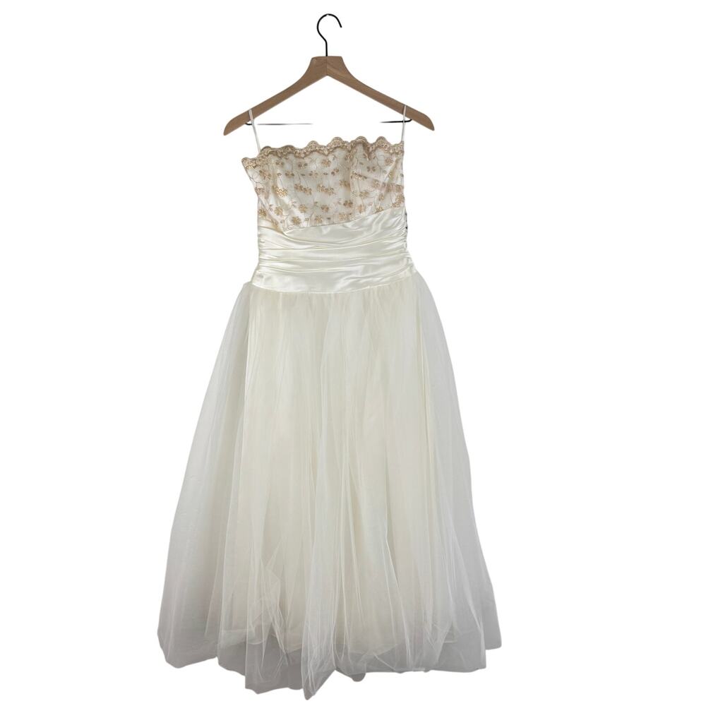 Gunne Sax white tulle gold floral strapless wedding prom gown 7/8